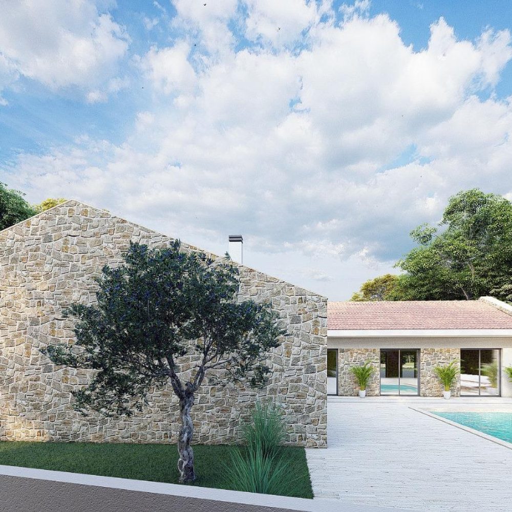 Architectural rendering of Villa Zadar with a natural stone façade, private pool and Mediterranean garden