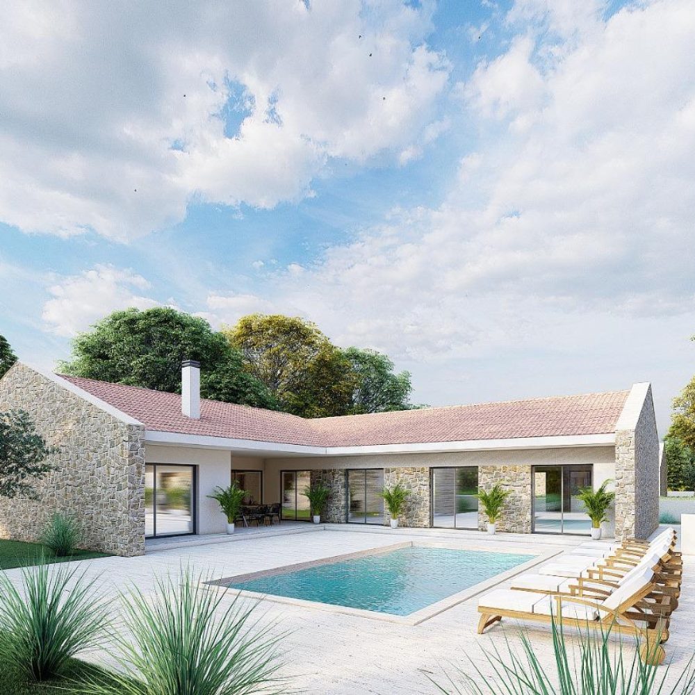 Architectural rendering of Villa Zadar with a private pool, stone façade and Mediterranean garden