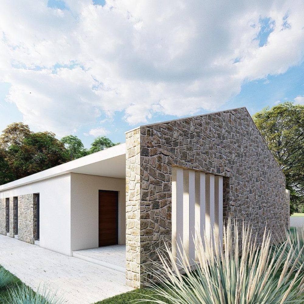 Architectural rendering of Villa Zadar with a modern stone façade and Mediterranean landscaping