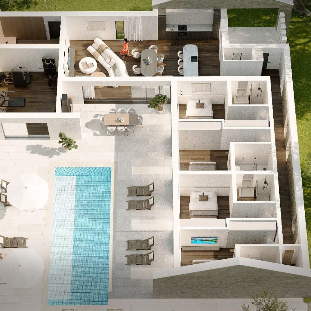 Top-down architectural rendering of Villa Zadar with three bedrooms, open-plan living area, gym and private swimming pool